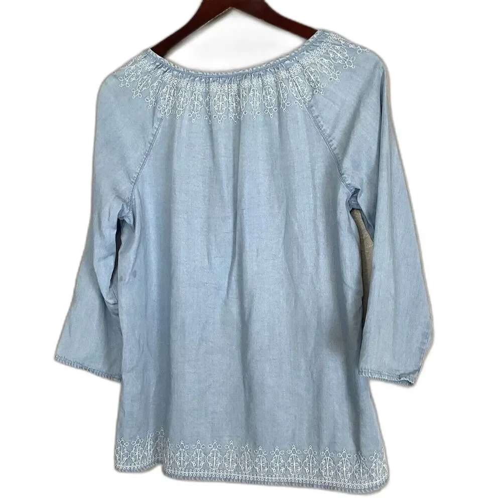 J Jill Denim Womens Chambray Embroidered Top Size M Blue Long Sleeve Tassel Boho - Picture 4 of 10